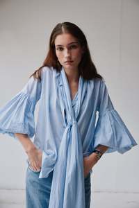 Forever Mahsa: Bow Blouse in Boheme Blue Stripe