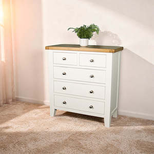 Oak Furniture: Tasmania 5 Drawer Oak Top Tallboy