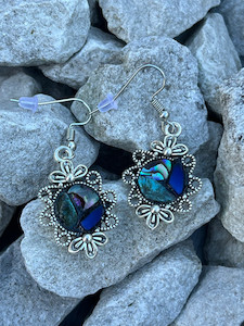 Products: Round silver stained glass, paua and turquoise earrings in vintage setting 2 Mainlymosaics