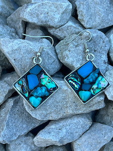 Square silver stained glass, paua and turquoise earrings 2 Mainlymosaics