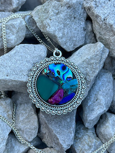 Round silver stained glass, paua and turquoise necklace in vintage setting 2 Mainlymosaics