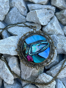 Round antique bronze stained glass, paua and turquoise necklace-vintage setting1&hellip;