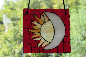 Products: Red sun and moon stained glass mosaic suncatcher Mainlymosaics