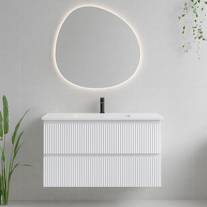 Vanities: VERTO MOSCO 900MM PLYWOOD WALL HUNG VANITY - MATT WHITE, FLUTED FRONT