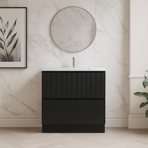 Vanities: VERTO MOSCO 900MM PLYWOOD FLOOR STANDING VANITY - MATT BLACK, FLUTED FRONT