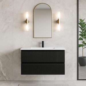 VERTO MOSCO 900MM PLYWOOD WALL HUNG VANITY - MATT BLACK, FLUTED FRONT