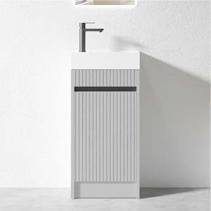 Freestanding Vanities: 400MM FLUTED GREY PLYWOOD FLOORSTANDING VANITY WITH CERAMIC TOP