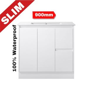 Freestanding Vanities: 900MM SLIM PVC GLOSS WHITE VANITY 100% WATERPROOF FLOORSTANDING WITH CERAMIC TOP