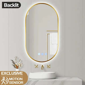 Mirrors And Mirror Cabinets: 900x500MM BRUSHED BRASS FRAME OVAL BACKLIT LED MIRROR WITH MOTION SENSOR | DEFOGGER | 3 COLOURS LIGHTS