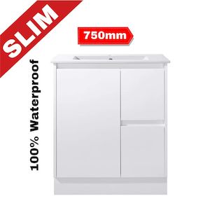 Slim Vanities: 750MM GLOSS WHITE SLIM PVC 100% WATERPROOF FLOORSTANDING VANITY WITH CERAMIC TOP