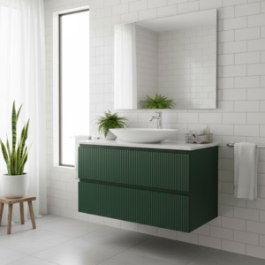 VERTO WILD 900MM PLYWOOD WALL HUNG VANITY - FOREST GREEN, FLUTED FRONT WITH CERAMIC TOP