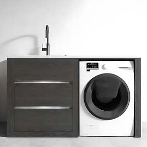 1500MM CHARRED ASH PLYWOOD LAUNDRY STATION | STONE BENCHTOP | STAINLESS STEEL SINK