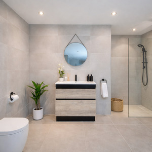 Vanities: VALENTINA SLIM FLOOR STANDING VANITY |BLACK AND LIGHT OAK| 600MM | PLYWOOD WITH CERAMIC TOP