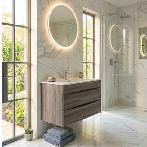 Vanities: 900MM SONOMA OAK GREY WALL HUNG VANITY (EX DISPLAY) - CLEARANCE SALE