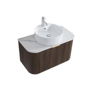 900MM CURVED FLUTED WALL HUNG VANITY | DARK BROWN OAK
