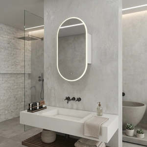 Products: CLEARANCE OVAL LED MIRROR CABINET DN | IR WAVE SENSOR | 3-COLOUR LIGHT | DEMISTER | MATTE WHITE