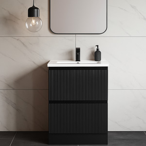 Freestanding Vanities: 600MM FLOOR STANDING VANITY - MATT BLACK, FLUTED FRONT