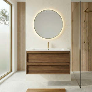 ASPEN WALNUT WALL HUNG VANITY 900MM | 2 DRAWERS, PLYWOOD FLOATING VANITY NZ