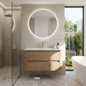 750MM BROOKLYN CURVED WALL HUNG VANITY | HONEY OAK