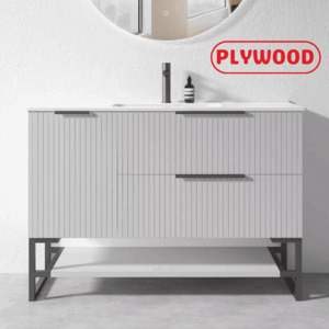 1200MM FLUTED GREY PLYWOOD FLOORSTANDING VANITY WITH SINGLE BASIN CERAMIC TOP