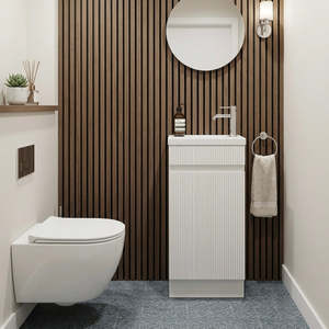 Vanities: EM40 400MM FLUTED GLOSS WHITE PLYWOOD FLOORSTANDING VANITY WITH CERAMIC TOP