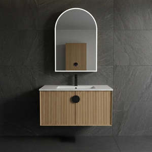EVELYN 900MM FLUTED WALL HUNG OAK BATHROOM VANITY WITH CERAMIC BASIN