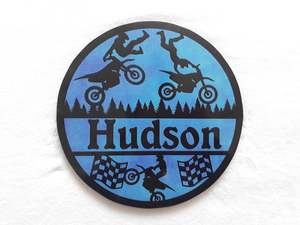 Round Name Plaques Made To Order In Any Name: Moto cross themed name plaque - Made to order in any name.