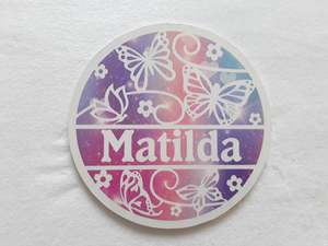 Round Name Plaques Made To Order In Any Name: Butterfly themed name plaque - Made to order in any name.