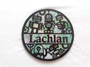 Round Name Plaques Made To Order In Any Name: Robot themed name plaque - Made to order in any name.