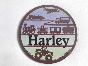 Round Name Plaques Made To Order In Any Name: Transport themed name plaque - Made to order in any name.