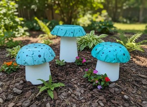 Garden Decor Pick Up Only: Set of 3 concrete mushrooms in different shades of teal.