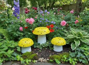 Set of 3 yellow concrete mushrooms.