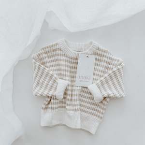 Knit Wear: Ribbed Knit Sweater - Beige Stripe