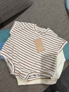 Terry Short Sleeve Romper - Caramel Stripe