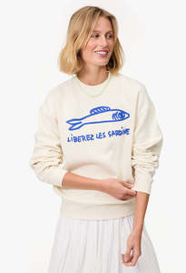 Clare V: Oversized Sweatshirt - Cream w/Cobalt Liberez les Sardines