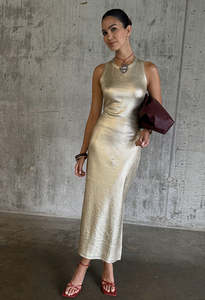 Dresses: Gold Metallic Ribbed Dress