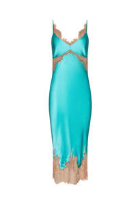 Dresses: Scotly Silk Lace Dress - Cyan/Cappuccino