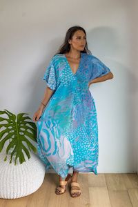 Kaftans Ladies: Blue Parrot Fish V Neck Kaftan