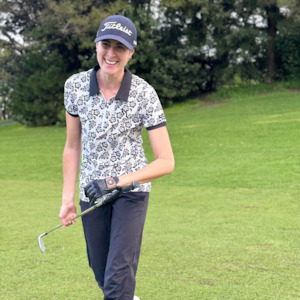 Island Grace Women’s Golf Polo – White with Black Frangipani