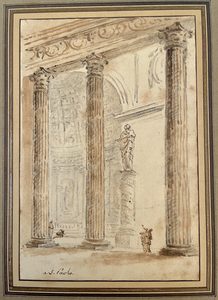 Unidentified artistInterior of a church with figures and a sculpture on a column&hellip;