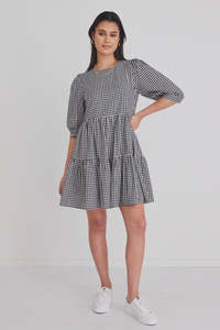 Among The Brave: Among the Brave Anytime Gingham Tie Puff Sleeve Tiered Mini Dress Black