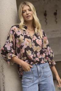 Ivy & Jack Mastery Pressed Flower Button Through Top - Black Pressed Flower