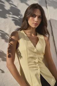 Stories be Told Latitude Linen  Blend Fitted Loneline Vest - Lemon