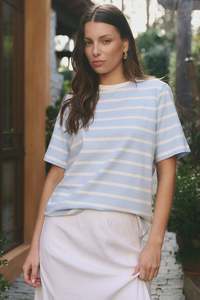 Re Union: Re:Union Binding Boxy Fit Tee - Pale Blue & White Stripe