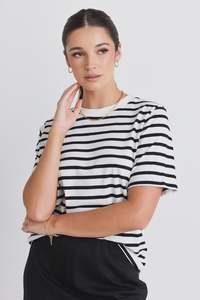 Re Union: Re:Union Label Binding Stripe Boxy Fit Tee - Black White Stripe