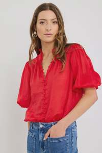 Tops Tees Shirts: Ivy & Jack Continuance Ramie High Neck Buttoned SS Top - Poppy