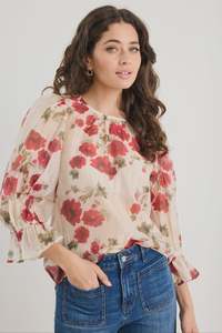 Ivy + Jack Candid Crew Neck Mid Sleeve Top - Cream Red Rose