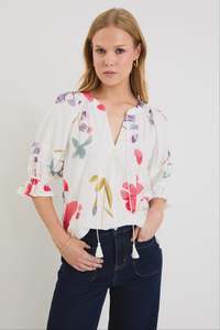 Tops Tees Shirts: by rosa. Cassia V Neck Short Pin Tuck Sleeve Mandarin Collar Top - Cream Poppy Floral