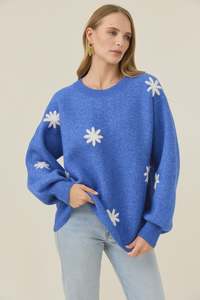 Isle Of Mine: Isle of Mine Miru Stitch Flower Jumper - Cobalt