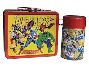 TIN TITANS AVENGERS ASSEMBLE LUNCH BOX WITH BEVERAGE CONTAINER